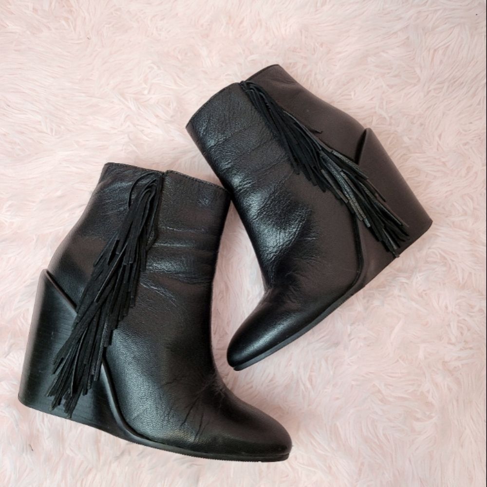 Host PICK 🎆 See by Chloe  Black Wedge Ankle Boots with Fringe - Picture 2 of 16